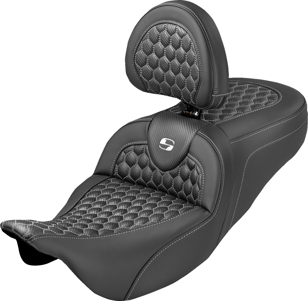 SADDLEMEN Extended Reach RoadSofa™ Seat - Honeycomb - White Stitch - with Backrest - FLH/FLT '08-'25 808-07B-190B6