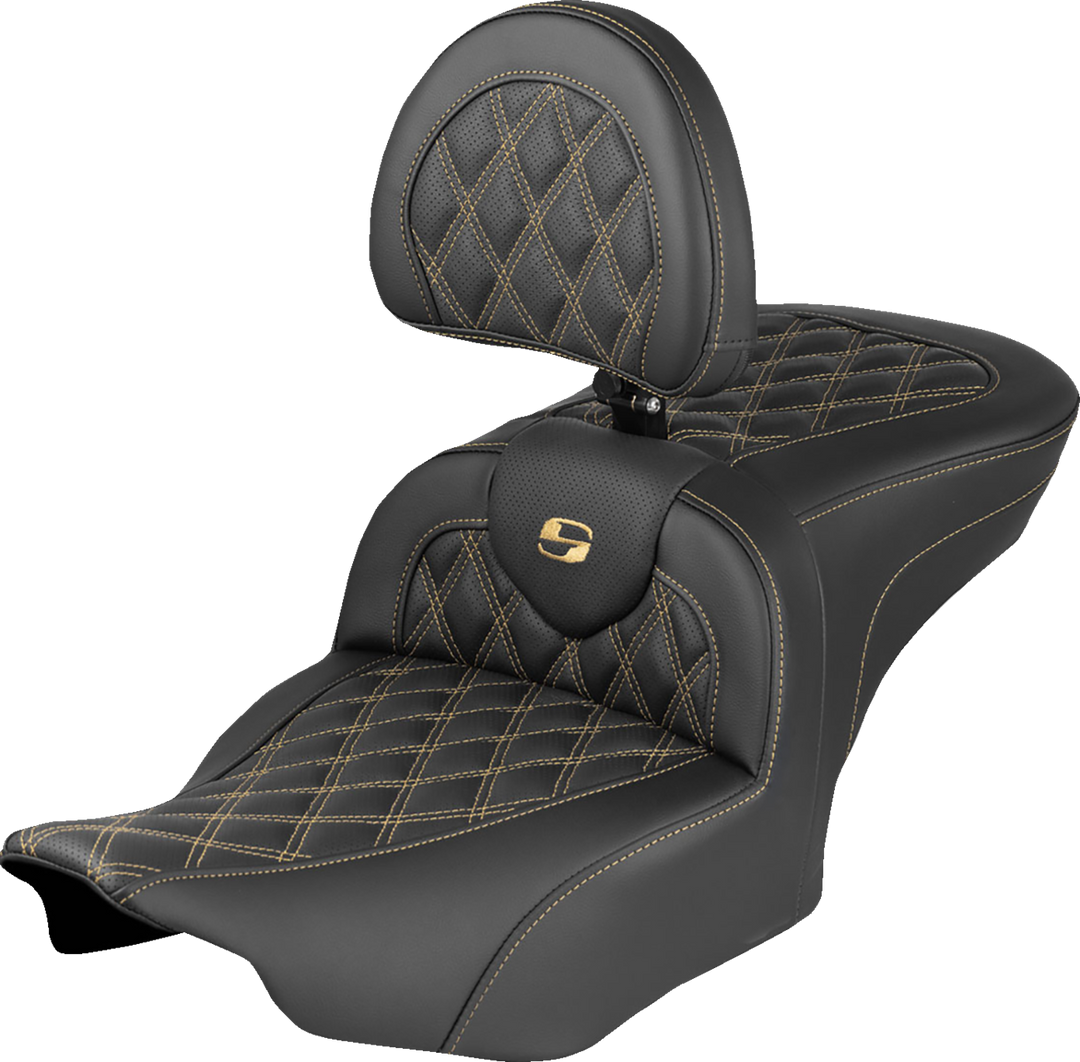 SADDLEMEN RoadSofa™ Seat - with Backrest - Lattice Stitch - Gold Stitch - FLH/FLT '23-'26 823-07-182B7