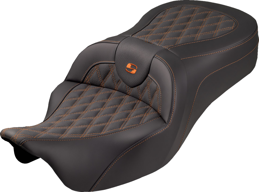 SADDLEMEN Roadsofa™ King Seat - No Backrest - Lattice Stitch - Orange Stitch - FLH/FLT '08-'25 808-07B-182S03