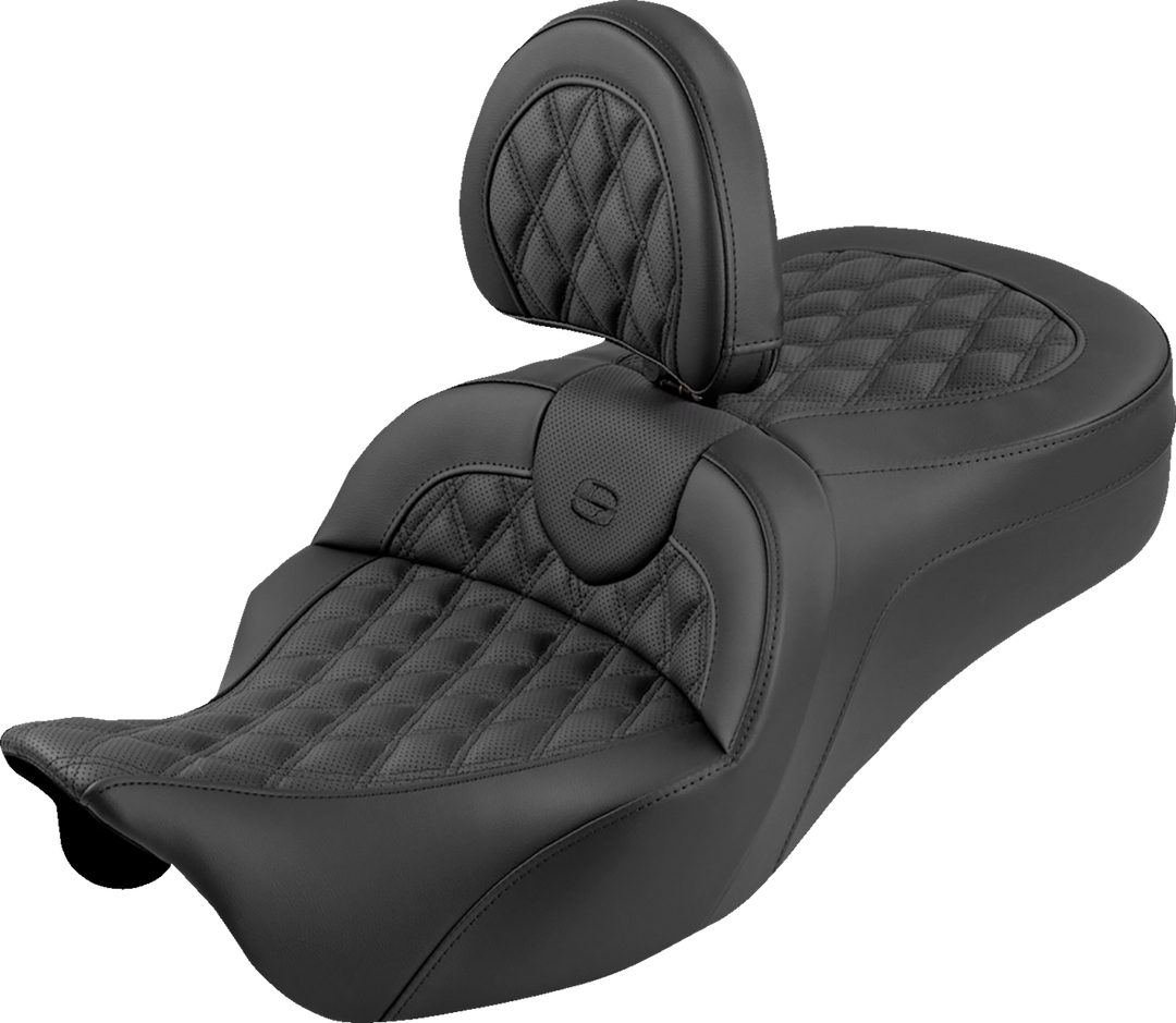 SADDLEMEN Roadsofa™ King Seat - With Backrest - Lattice Stitch - Black Stitch - FLH/FLT '08-'25 808-07B-182SB0