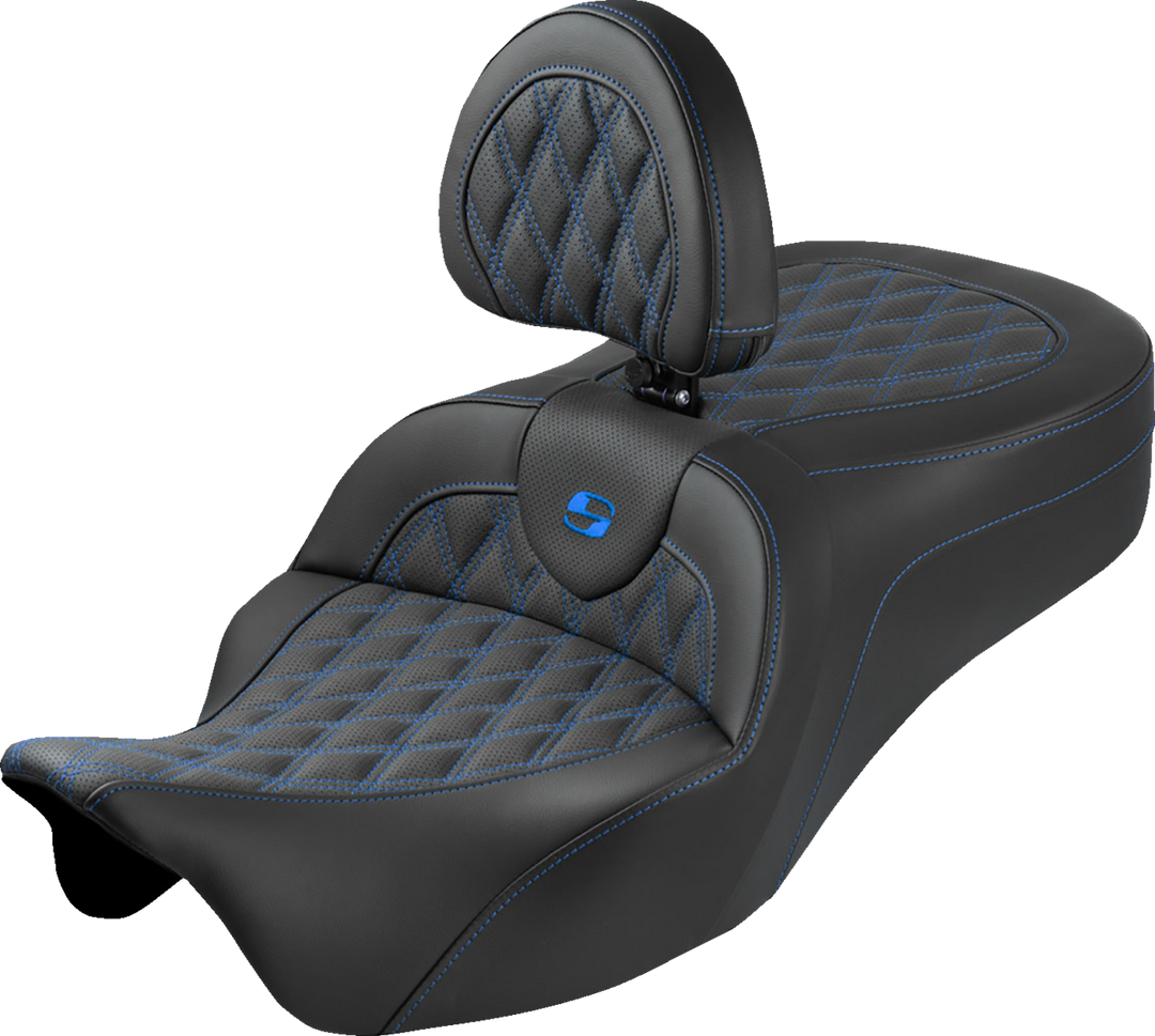 SADDLEMEN Roadsofa™ King Seat - With Backrest - Lattice Stitch - Blue Stitch - FLH/FLT '08-'25 808-07B-182SB1
