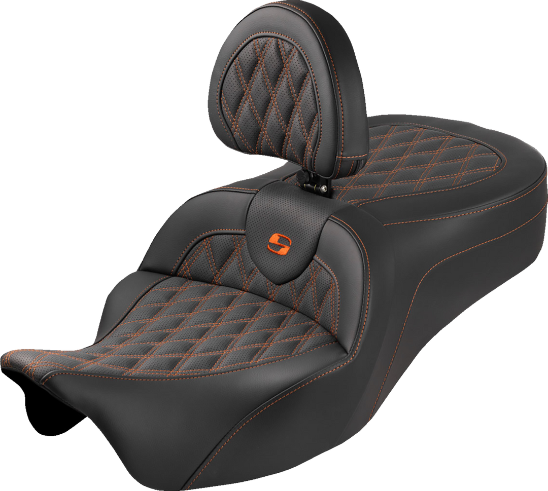 SADDLEMEN Roadsofa™ King Seat - With Backrest - Lattice Stitch - Orange Stitch - FLH/FLT '08-'25 808-07B-182SB3