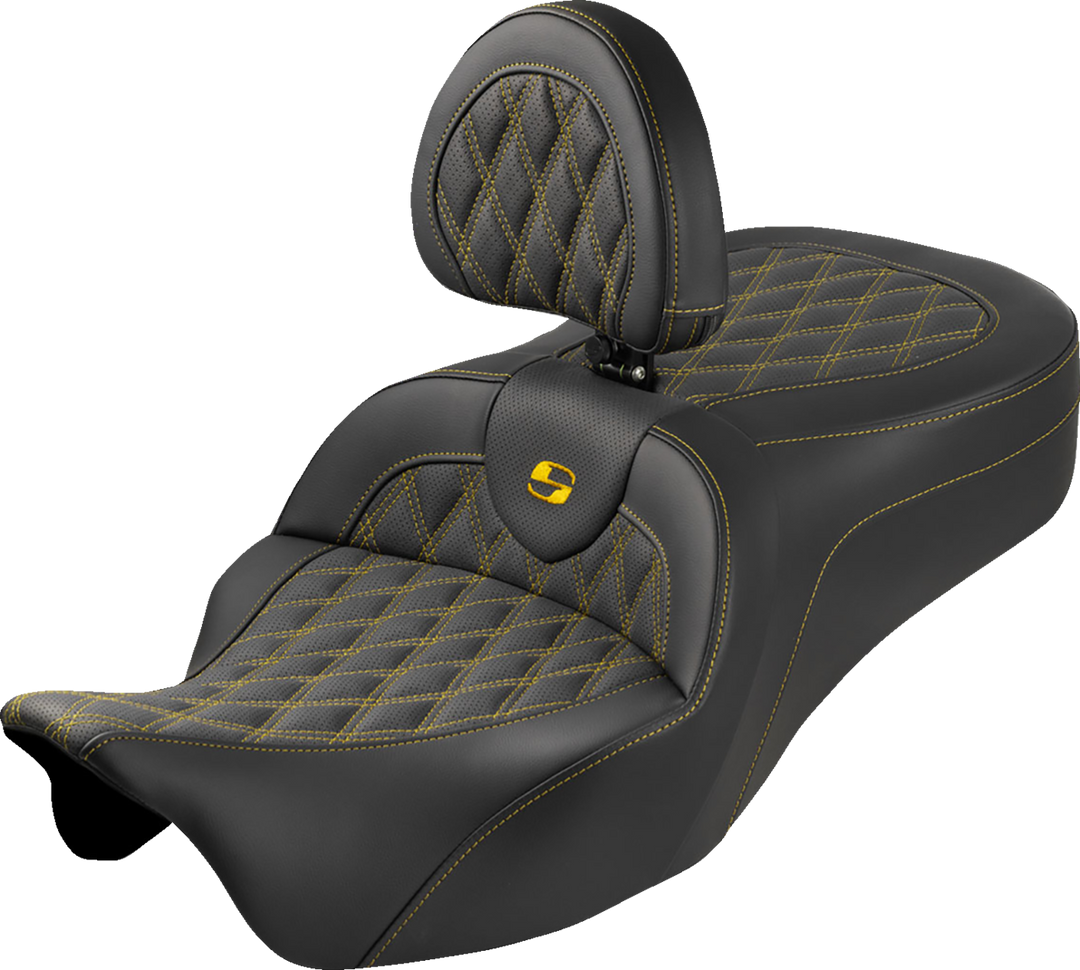 SADDLEMEN Roadsofa™ King Seat - With Backrest - Lattice Stitch - Gold Stitch - FLH/FLT '08-'25 808-07B-182SB7