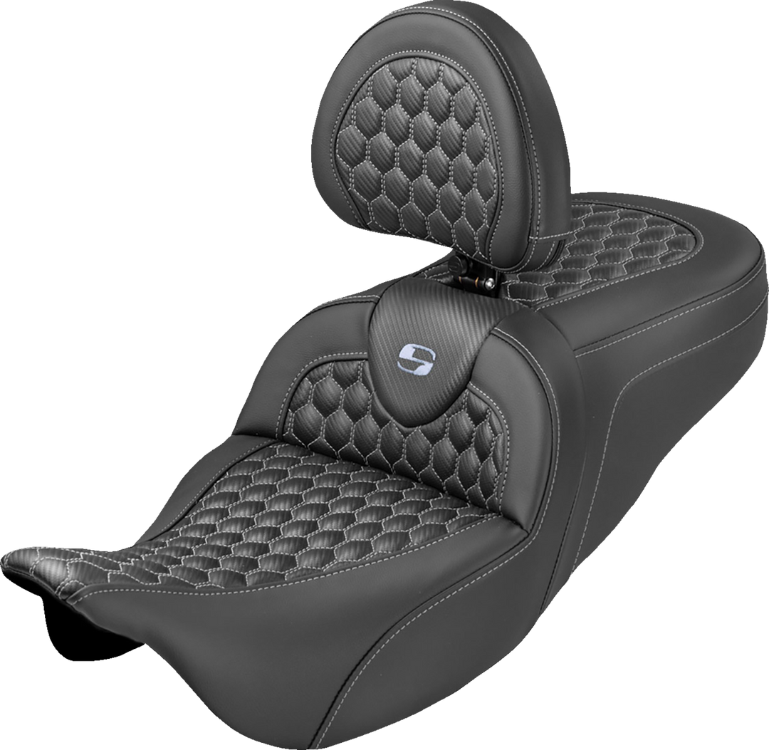 SADDLEMEN Roadsofa™ Seat - Honeycomb Stitch - Silver Stitch - With Backrest - FLH/FLT '08-'25 808-07B-189B5