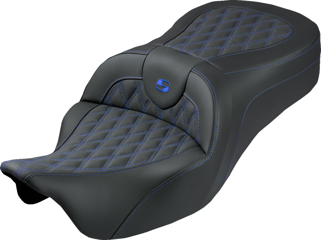 SADDLEMEN Roadsofa™ King Seat - No Backrest - Lattice Stitch - Blue Stitch - FLH/FLT '08-'25 808-07B-182S01