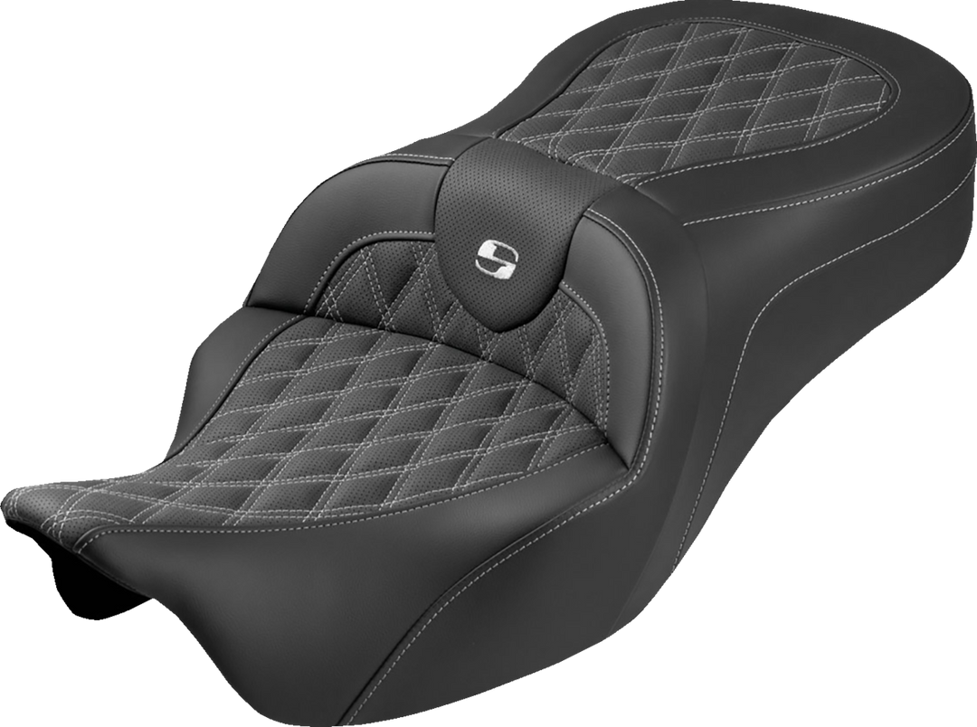 SADDLEMEN Roadsofa™ King Seat - No Backrest - Lattice Stitch - White Stitch - FLH/FLT '08-'25 808-07B-182S06