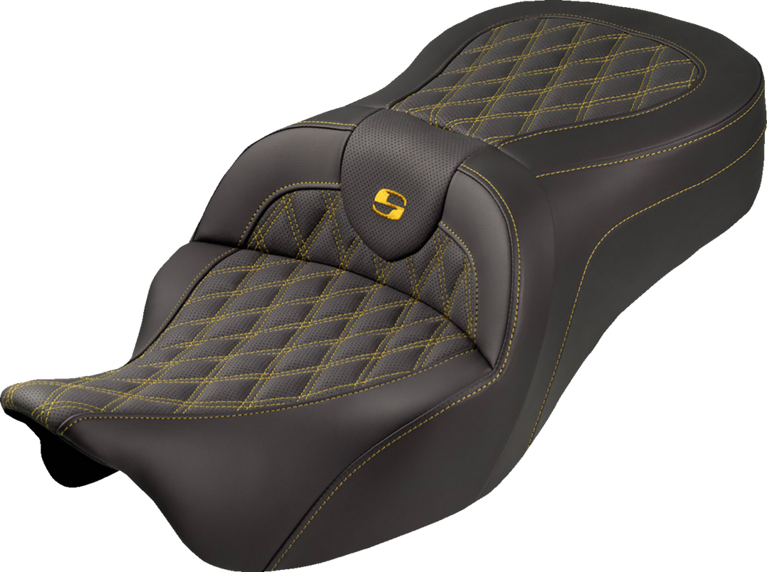 SADDLEMEN Roadsofa™ King Seat - No Backrest - Lattice Stitch - Gold Stitch - FLH/FLT '08-'25 808-07B-182S07