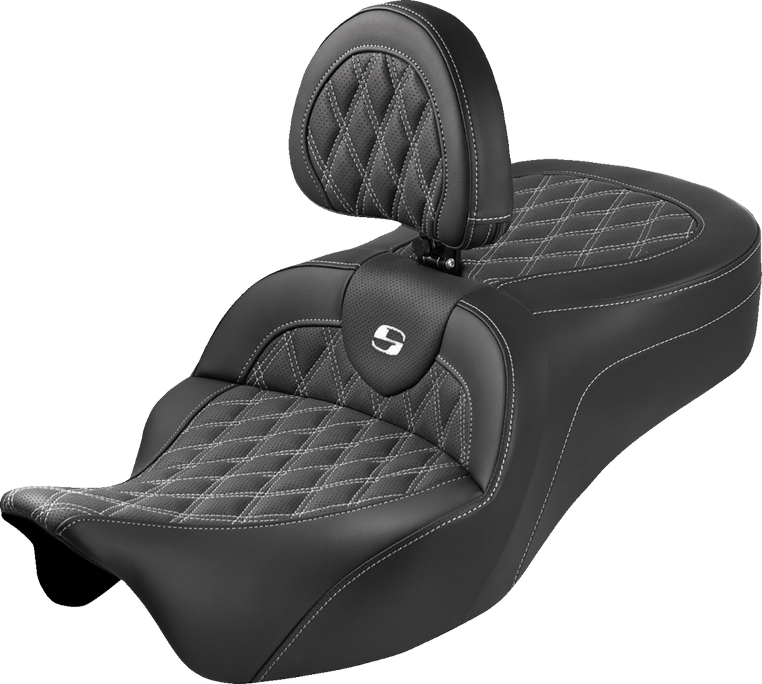 SADDLEMEN Roadsofa™ King Seat - With Backrest - Lattice Stitch - White Stitch - FLH/FLT '08-'25 808-07B-182SB6