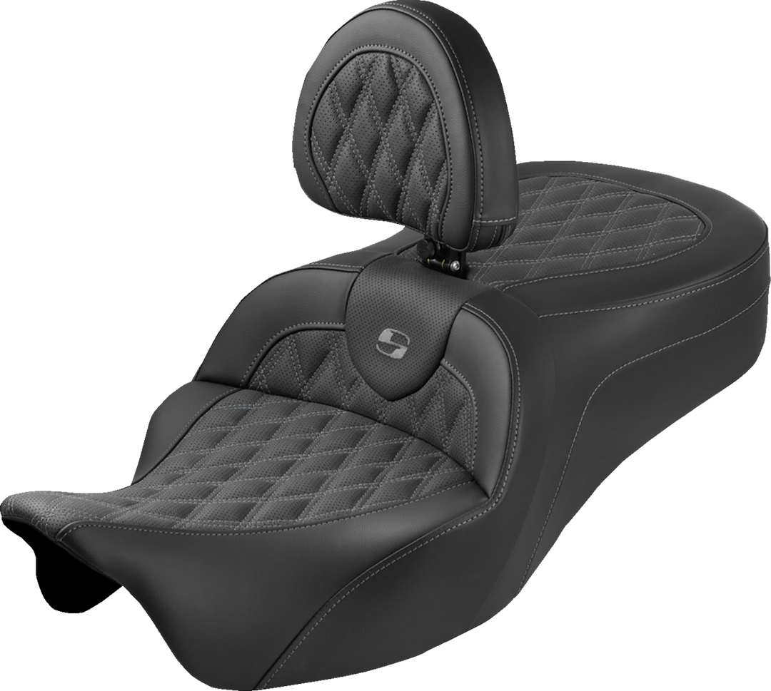 SADDLEMEN Roadsofa™ King Seat - With Backrest - Lattice Stitch - Gray Stitch - FLH/FLT '08-'25 808-07B-182SB2