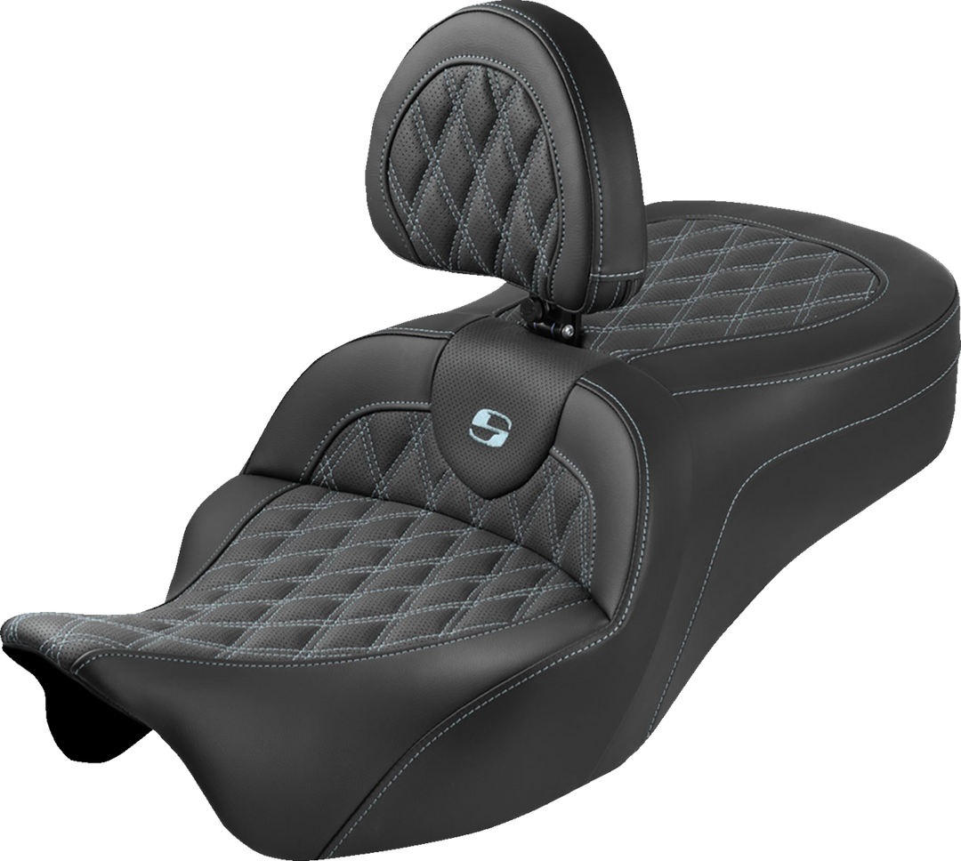SADDLEMEN Roadsofa™ King Seat - With Backrest - Lattice Stitch - Silver Stitch - FLH/FLT '08-'25 808-07B-182SB5