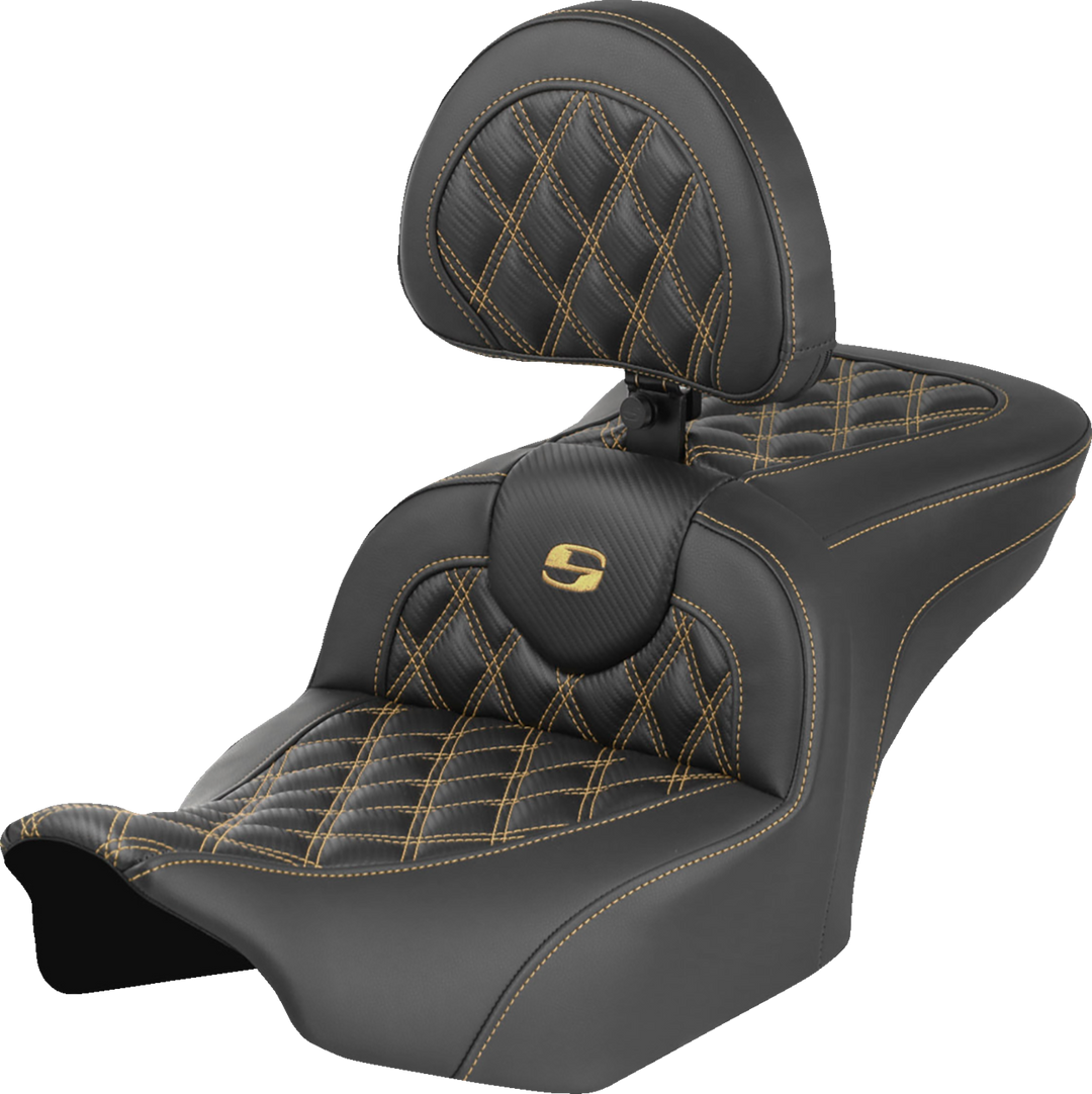 SADDLEMEN Roadsofa™ Seat - Carbon Fiber - with Backrest - Gold Lattice Stitch - FLH/FLT '23-'25 823-07-206B7