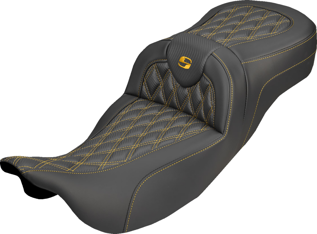 SADDLEMEN Extended Reach Roadsofa™ Carbon Fiber Seat - Lattice - Gold Stitch - Without Backrest - FL '08-'25 808-07B-20707