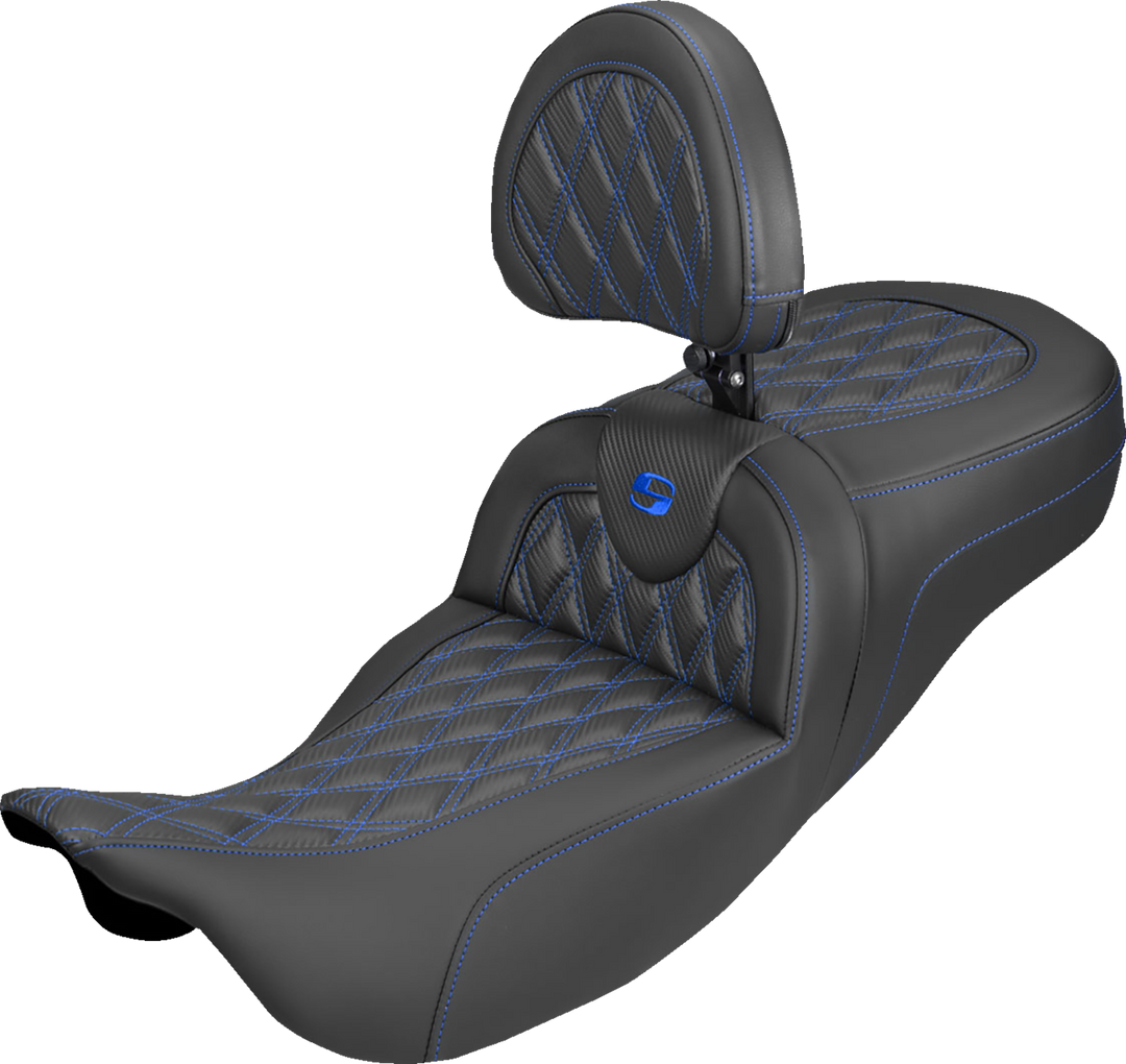 SADDLEMEN Extended Reach Roadsofa™ Carbon Fiber Seat - Lattice - Blue Stitch - With Backrest - FL '08-'25 808-07B-207B1
