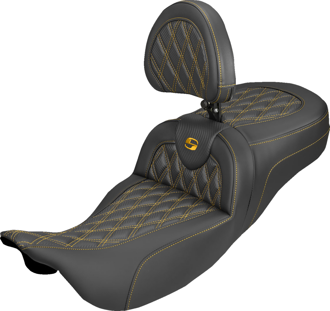 SADDLEMEN Extended Reach Roadsofa™ Carbon Fiber Seat - Lattice - Gold Stitch - With Backrest - FL '08-'25 808-07B-207B7