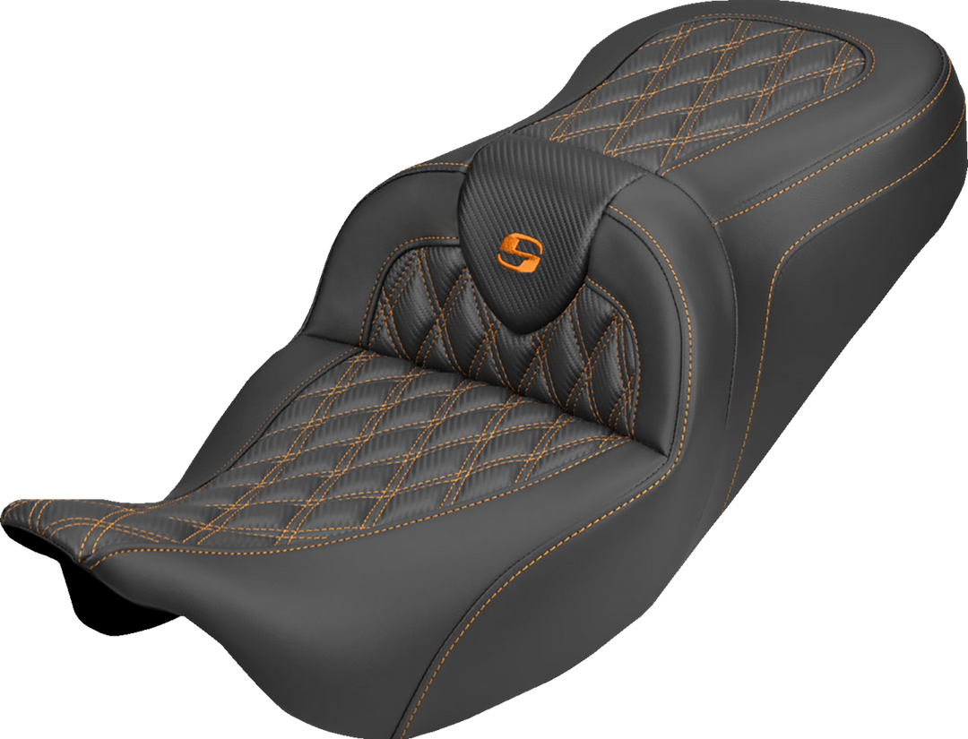 SADDLEMEN Roadsofa™ Carbon Fiber Seat - Lattice - Orange Stitch - Without Backrest - FLH/FLT '08-'25 808-07B-20603