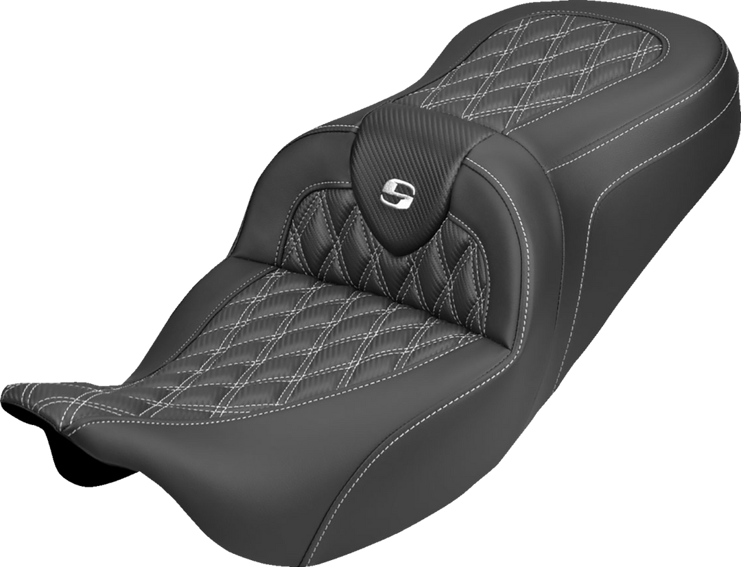 SADDLEMEN Roadsofa™ Carbon Fiber Seat - Lattice - White Stitch - Without Backrest - FLH/FLT '08-'25 808-07B-20606