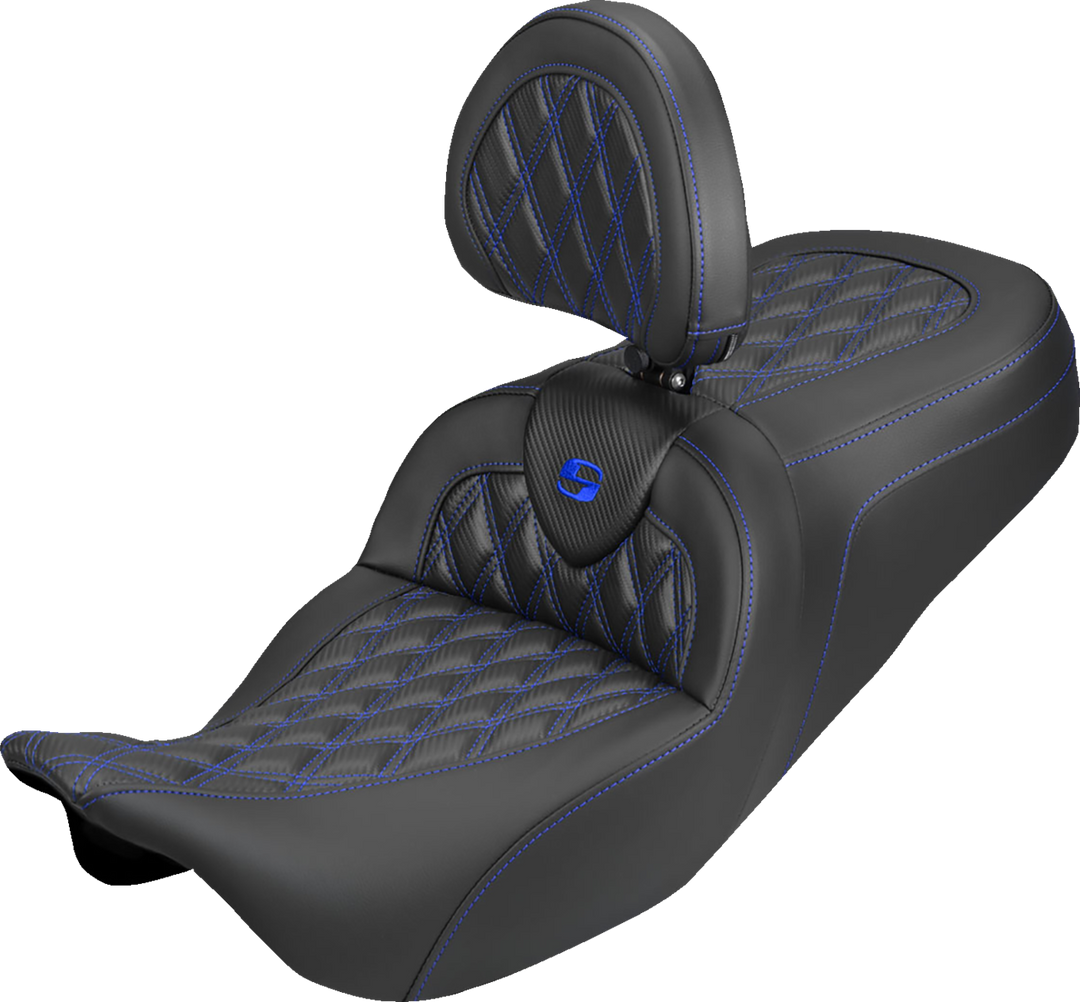 SADDLEMEN Roadsofa™ Carbon Fiber Seat - Lattice - Blue Stitch - With Backrest - FLH/FLT '08-'25 808-07B-206B1