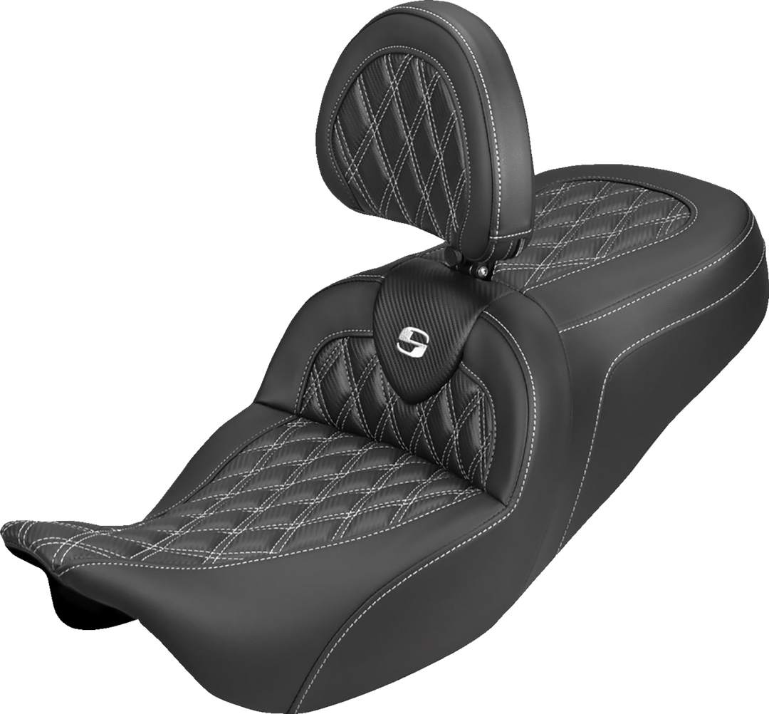 SADDLEMEN Roadsofa™ Carbon Fiber Seat - Lattice - White Stitch - With Backrest - FLH/FLT '08-'25 808-07B-206B6