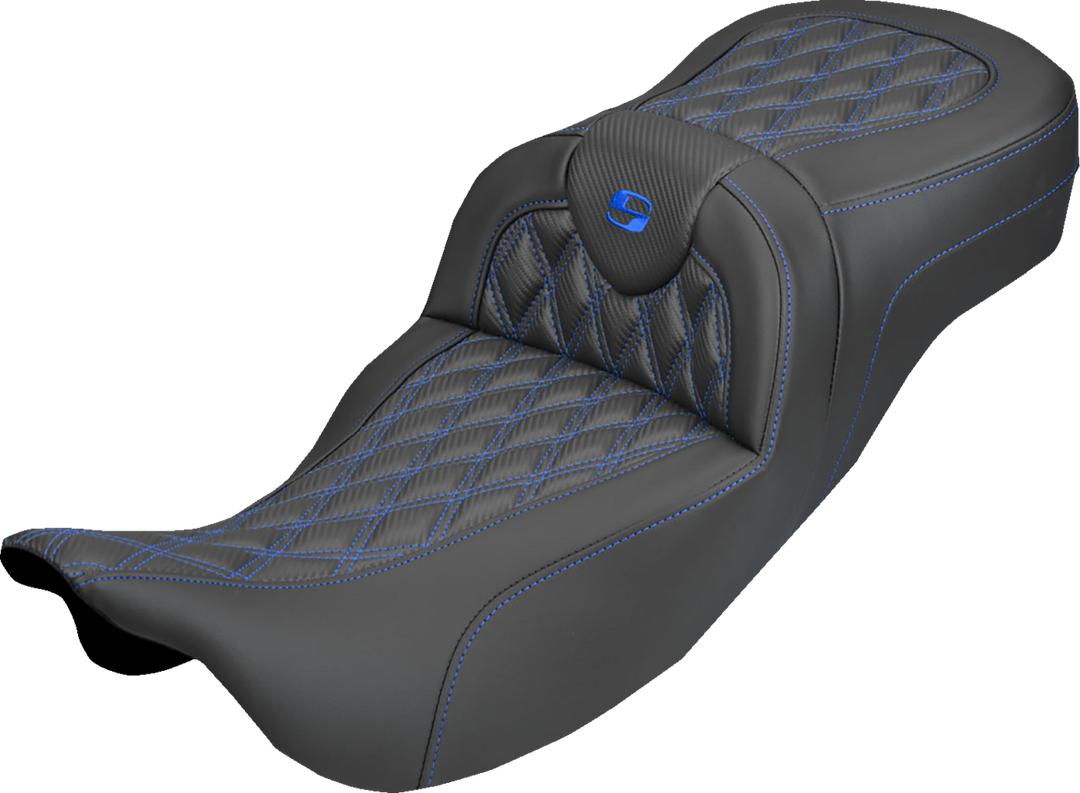 SADDLEMEN Extended Reach Roadsofa™ Carbon Fiber Seat - Lattice - Blue Stitch - Without Backrest - FL '08-'25 808-07B-20701