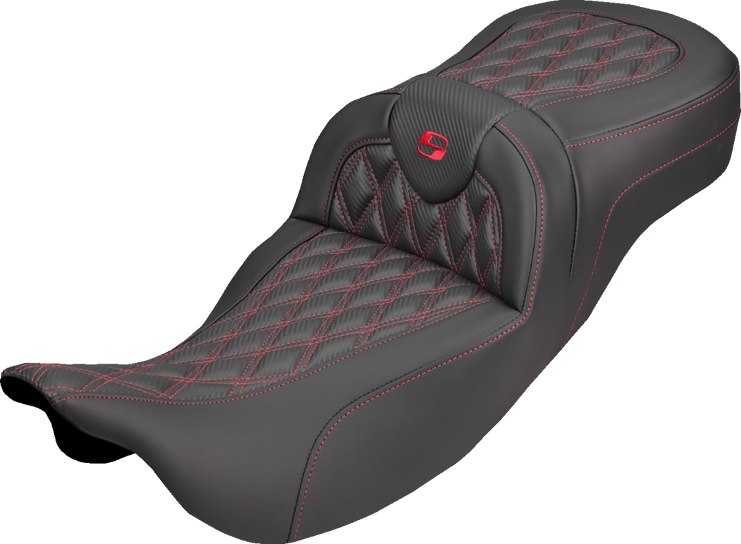 SADDLEMEN Extended Reach Roadsofa™ Carbon Fiber Seat - Lattice - Red Stitch - Without Backrest - FL '08-'25 808-07B-20704
