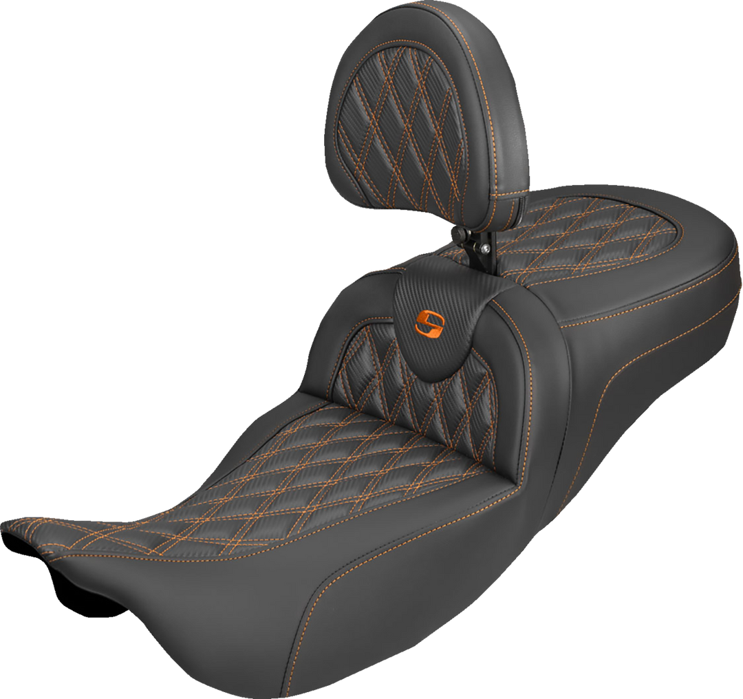 SADDLEMEN Extended Reach Roadsofa™ Carbon Fiber Seat - Lattice - Orange Stitch - With Backrest - FL '08-'25 808-07B-207B3
