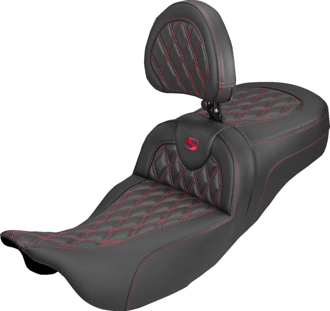 SADDLEMEN Extended Reach Roadsofa™ Carbon Fiber Seat - Lattice - Red Stitch - With Backrest - FL '08-'25 808-07B-207B4