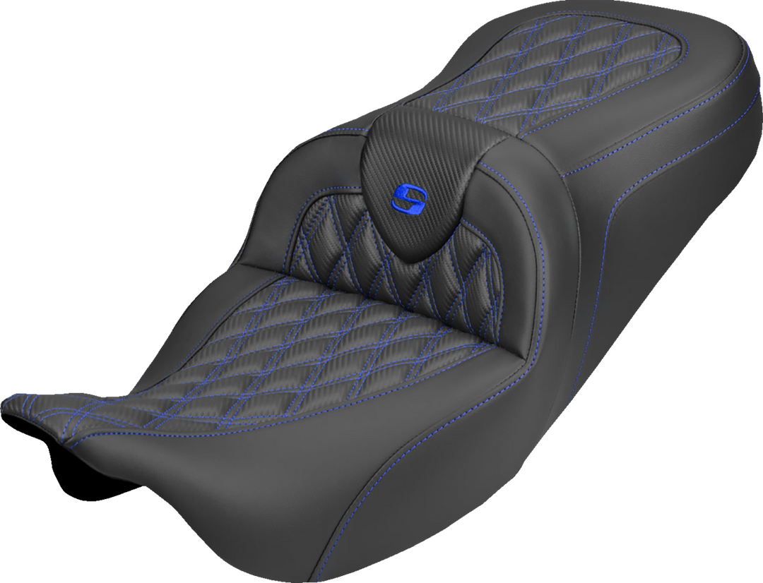 SADDLEMEN Roadsofa™ Carbon Fiber Seat - Lattice - Blue Stitch - Without Backrest - FLH/FLT '08-'25 808-07B-20601