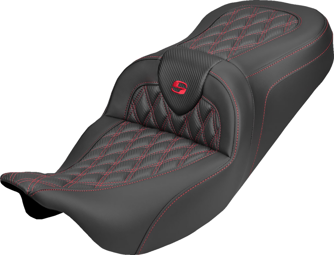 SADDLEMEN Roadsofa™ Carbon Fiber Seat - Lattice - Red Stitch - Without Backrest - FLH/FLT '08-'25 808-07B-20604