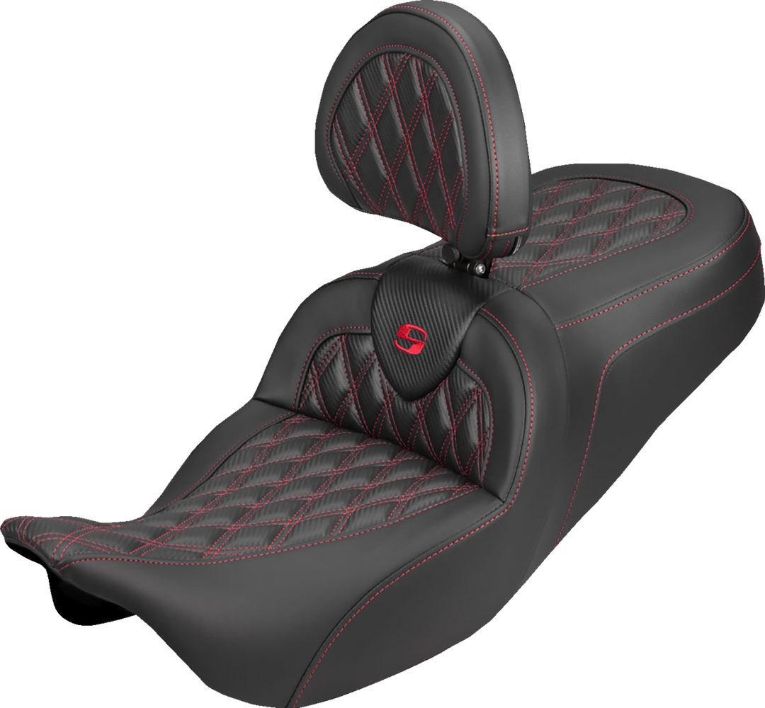 SADDLEMEN Roadsofa™ Carbon Fiber Seat - Lattice - Red Stitch - With Backrest - FLH/FLT '08-'25 808-07B-206B4