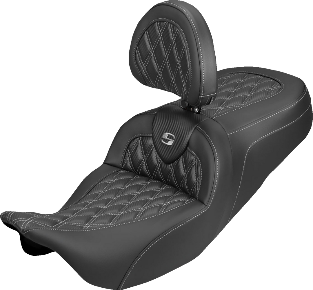 SADDLEMEN Roadsofa™ Carbon Fiber Seat - Lattice - Silver Stitch - With Backrest - FLH/FLT '08-'25 808-07B-206B5