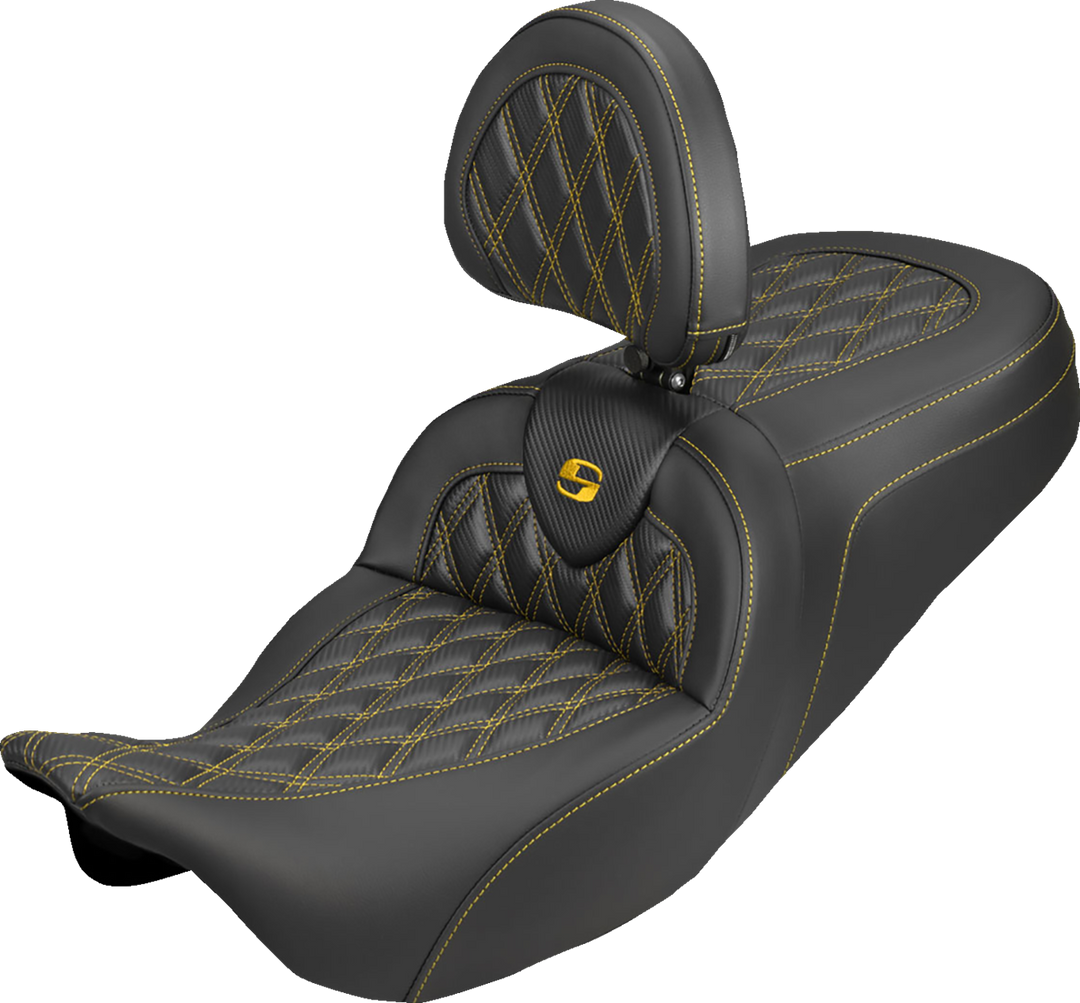 SADDLEMEN Roadsofa™ Carbon Fiber Seat - Lattice - Gold Stitch - With Backrest - FLH/FLT '08-'25 808-07B-206B7