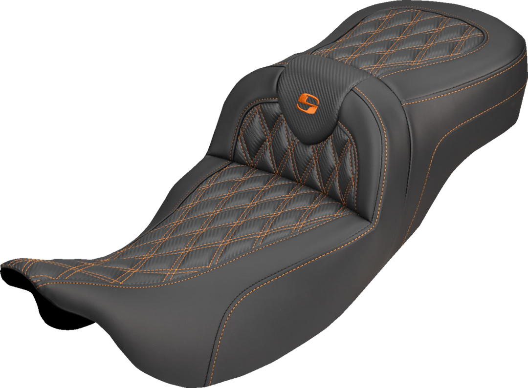 SADDLEMEN Extended Reach Roadsofa™ Carbon Fiber Seat - Lattice - Orange Stitch - Without Backrest - FL '08-'25 808-07B-20703