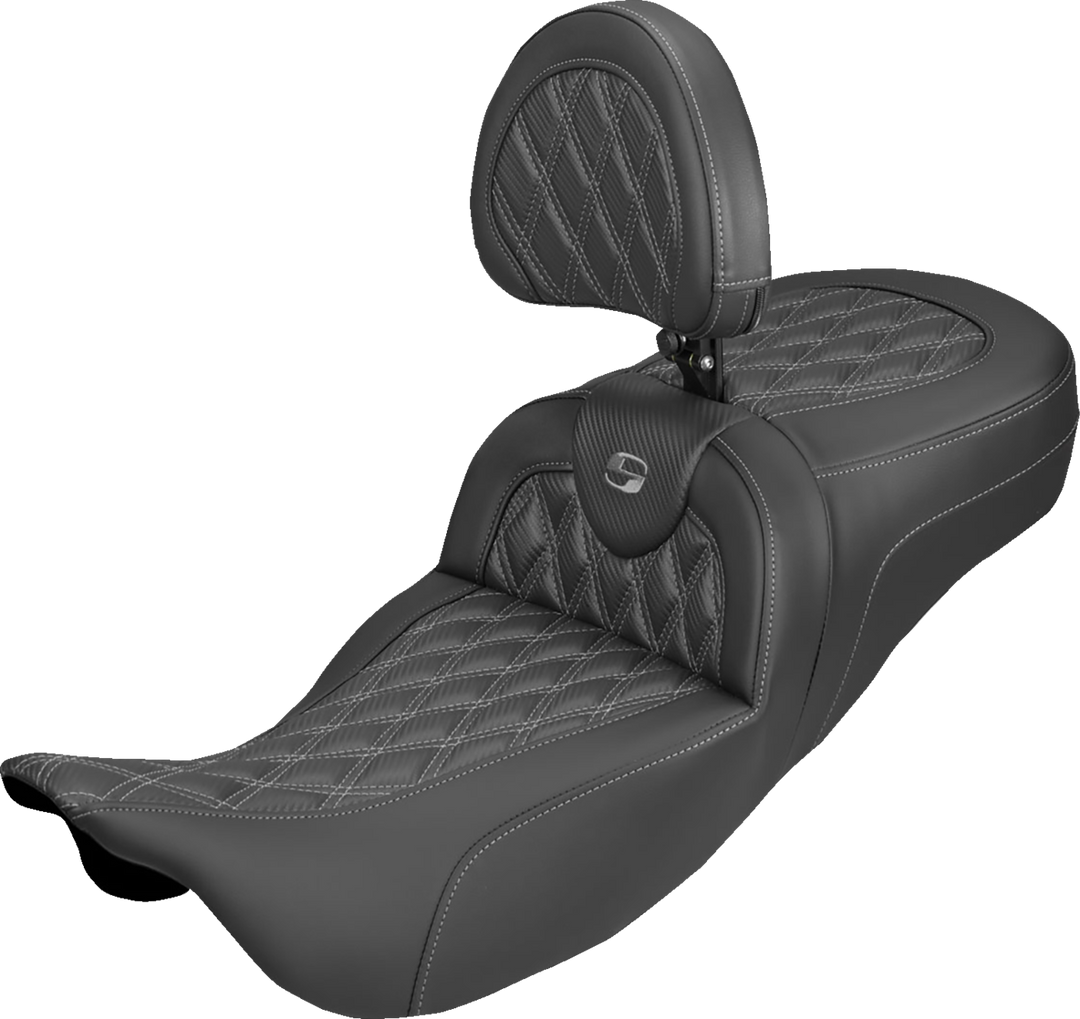 SADDLEMEN Extended Reach Roadsofa™ Carbon Fiber Seat - Lattice - Gray Stitch - With Backrest - FL '08-'25 808-07B-207B2