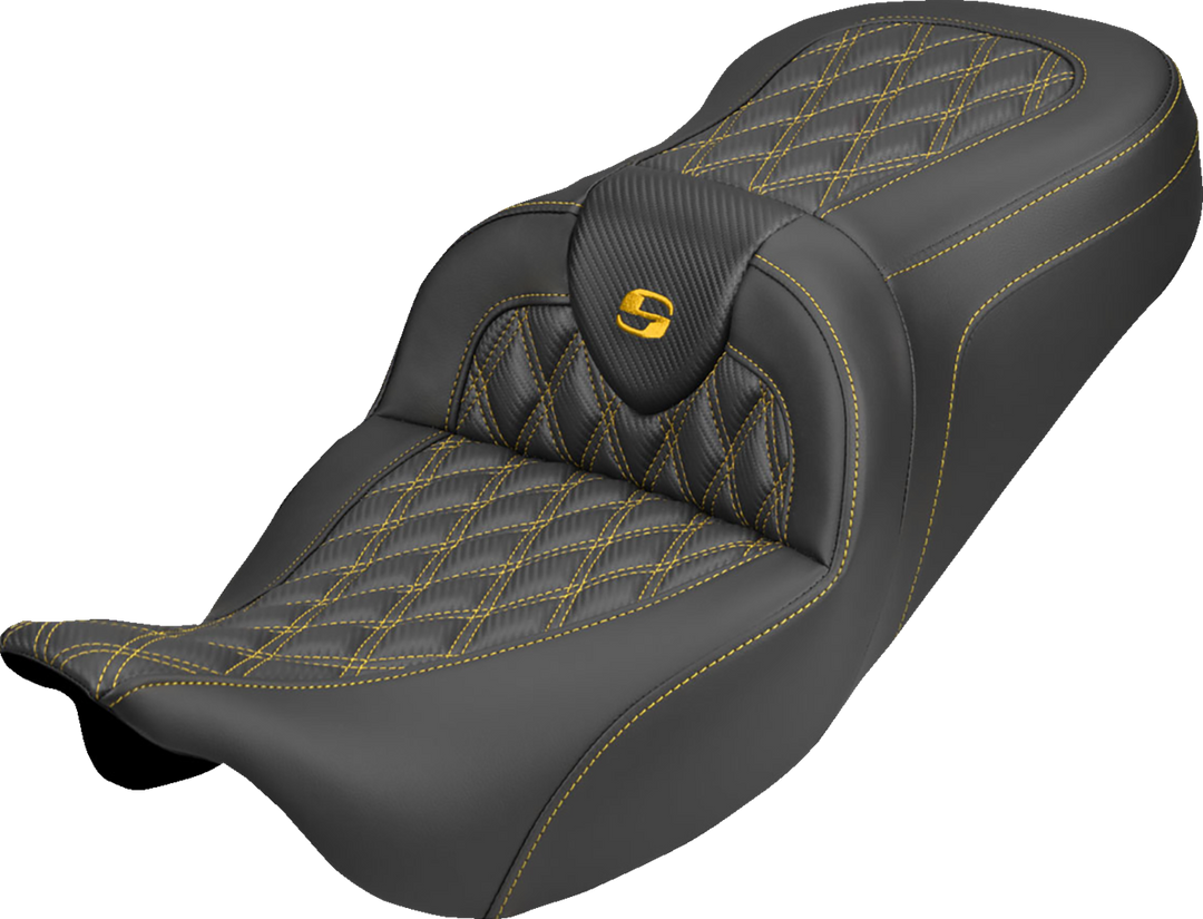 SADDLEMEN Roadsofa™ Carbon Fiber Seat - Lattice - Gold Stitch - Without Backrest - FLH/FLT '08-'25 808-07B-20607