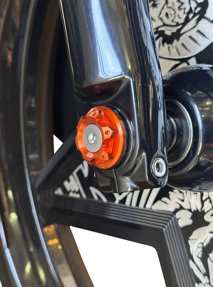 PAUL YAFFE BAGGER NATION Y-Axle with Turret Style Axle Cover Kit - Custom - Front - Orange - 25 mm PYO:YAXLE-08-HT-OR