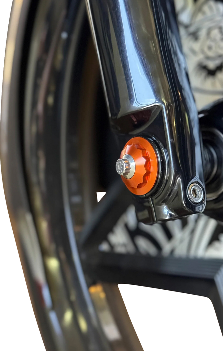 PAUL YAFFE BAGGER NATION Y-Axle with 12 Point Style Axle Cover Kit - Custom - Front - Orange - 25 mm PYO:YAXLE-08-TP-OR