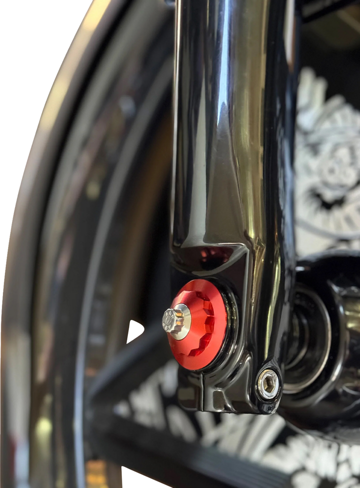 PAUL YAFFE BAGGER NATION Y-Axle with 12 Point Style Axle Cover Kit - Custom - Front - Red - 25 mm PYO:YAXLE-08-TP-RD