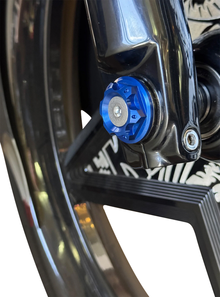 PAUL YAFFE BAGGER NATION Y-Axle with Turret Style Axle Cover Kit - Custom - Front - Blue - 25 mm PYO:YAXLE-08-HT-BE