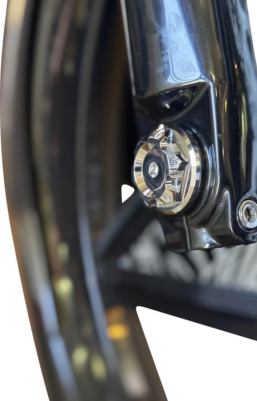 PAUL YAFFE BAGGER NATION Y-Axle with Turret Style Axle Cover Kit - Custom - Front - Chrome - 25 mm PYO:YAXLE-08-HT-CP