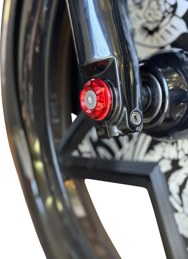 PAUL YAFFE BAGGER NATION Y-Axle with Turret Style Axle Cover Kit - Custom - Front - Red - 25 mm PYO:YAXLE-08-HT-RD