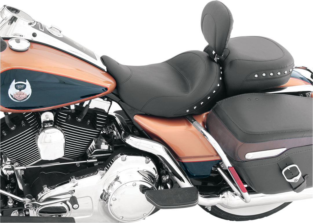 MUSTANG Wide Solo Seat - With Backrest - Black - Studded w/ Concho - FLH/FLT '08-'25 79602