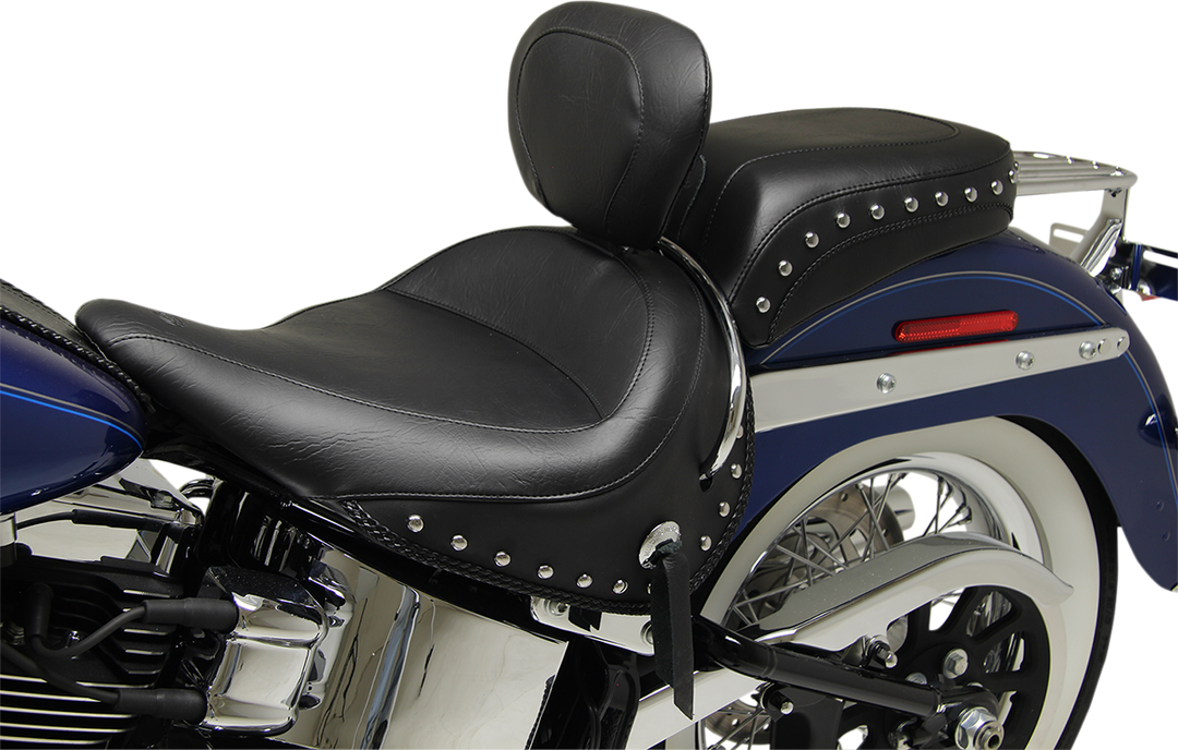 MUSTANG Wide Solo Seat - With Backrest - Black - Studded w/ Concho - FLSTN '05-'17 79913