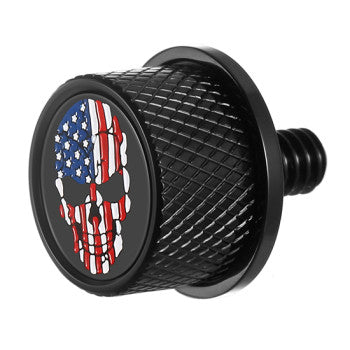 Figurati Designs – Stainless-Steel Red, White and Blue American Flag Skull Seat Screw in Black – FD25-SEAT-KN-BLK