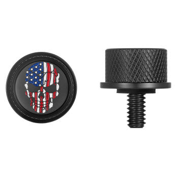 Figurati Designs – Stainless-Steel Red, White and Blue American Flag Skull Seat Screw in Black – FD25-SEAT-KN-BLK