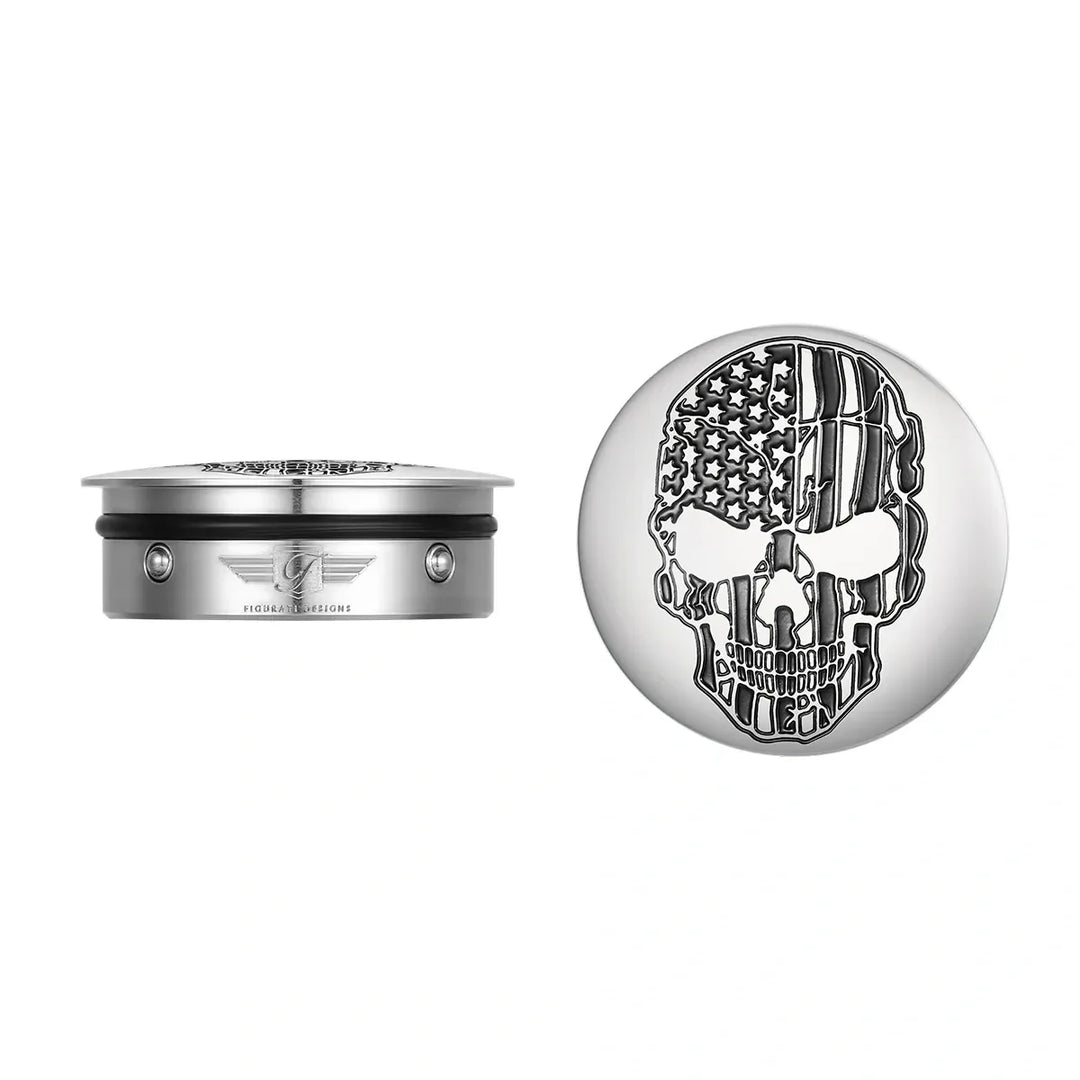 Figurati Designs – Harley-Davidson Stainless-Steel / Black Swing Arm Covers American Flag Skull – FD27-SS-SKULL-CC