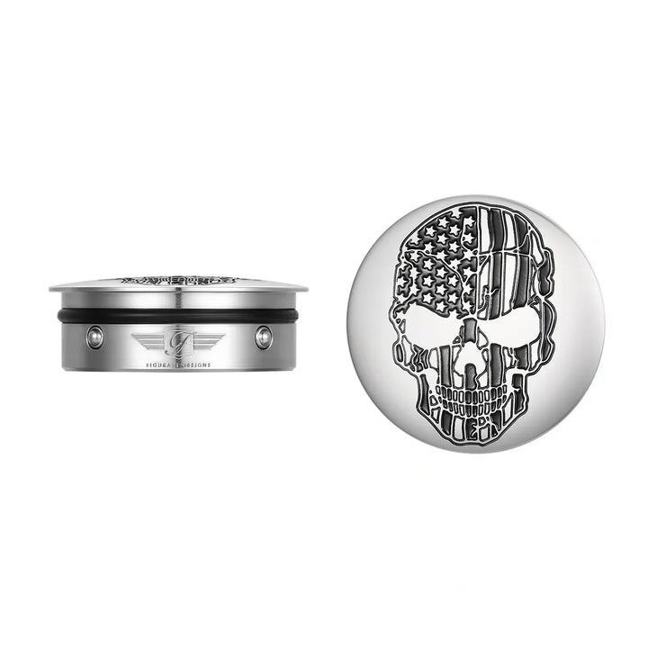 Figurati Designs – Harley-Davidson Stainless-Steel / Black Swing Arm Covers American Flag Skull – FD27-SS-SKULL-CC
