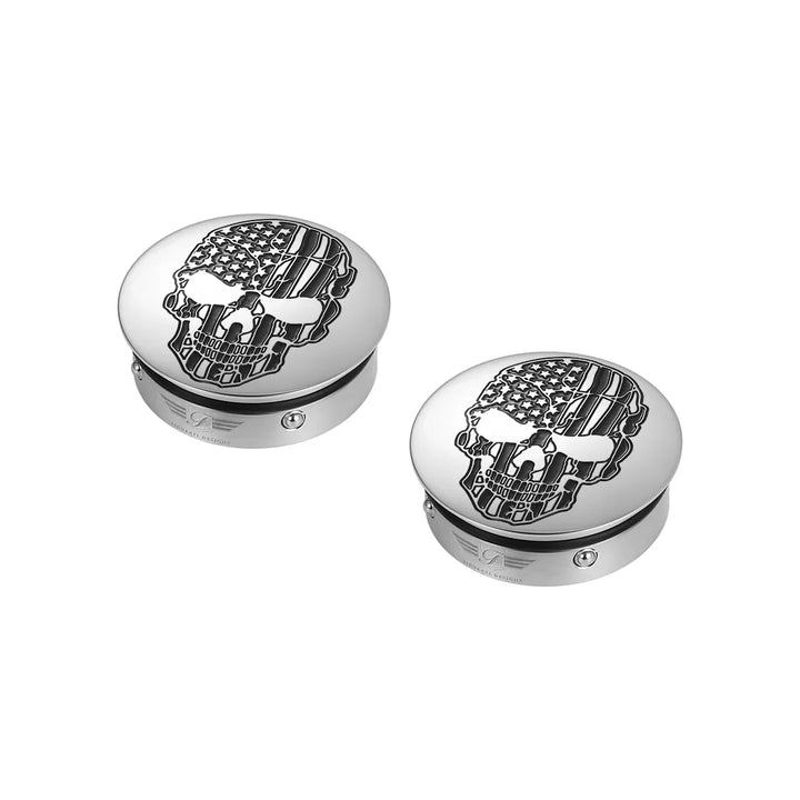 Figurati Designs – Harley-Davidson Stainless-Steel / Black Swing Arm Covers American Flag Skull – FD27-SS-SKULL-CC