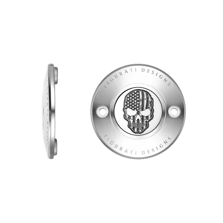 Figurati Designs – Harley-Davidson Stainless-Steel Contrast Cut American Flag Skull M8 Timing Cover – FD27-TC-2H-SS