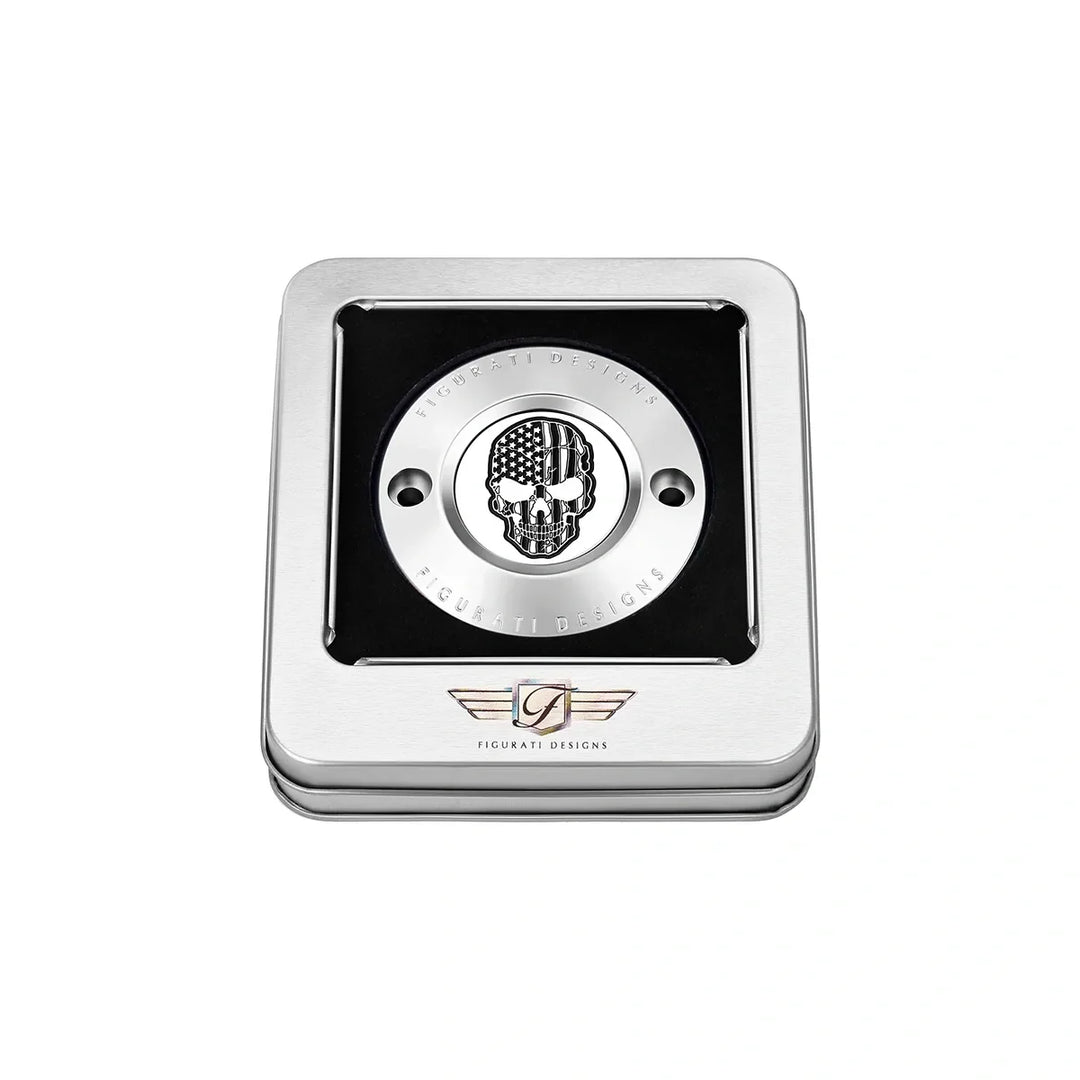 Figurati Designs – Harley-Davidson Stainless-Steel Contrast Cut American Flag Skull M8 Timing Cover – FD27-TC-2H-SS