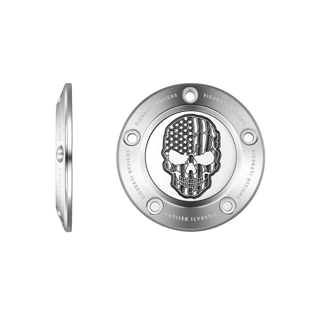 Figurati Designs – Harley-Davidson Stainless-Steel Contrast Cut American Flag Skull Twin Cam Timing Cover – FD27-TC-5H-SS